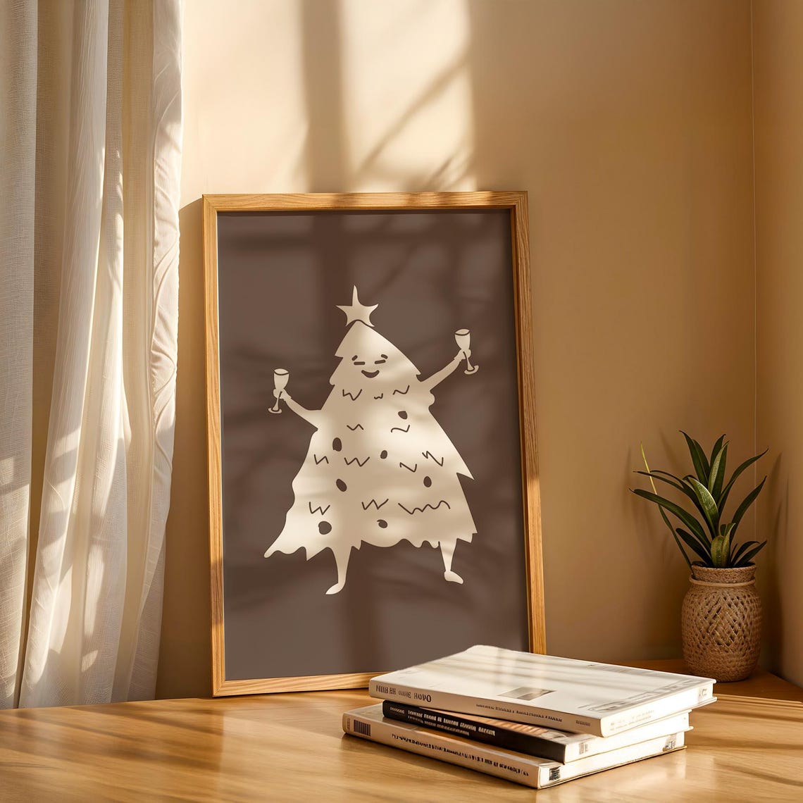 Dancing Christmas Tree Mocha Brown Holiday Champagne Party Poster