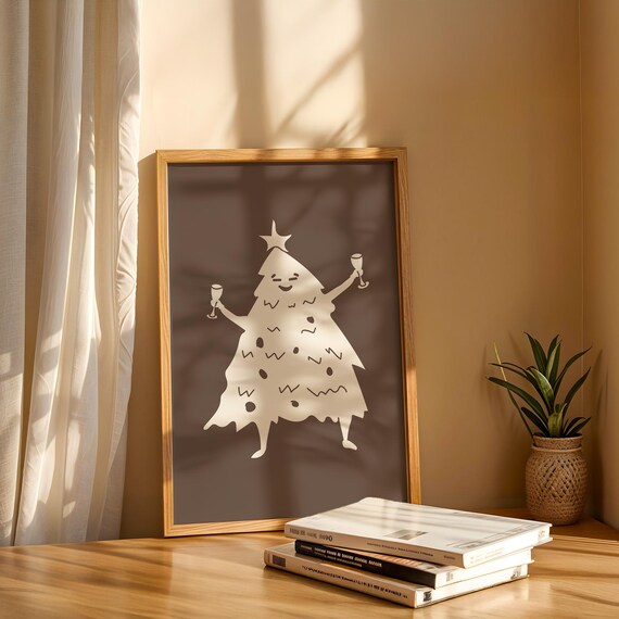 Dancing Christmas Tree Mocha Brown Holiday Champagne Party Poster
