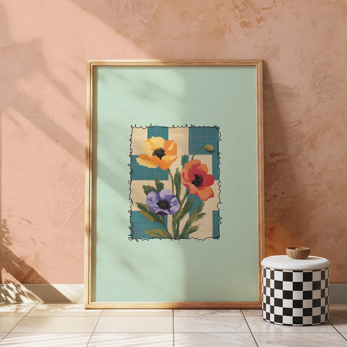 Poppy Bouquet Watercolor Teal Patchwork Floral Bloom Wall Art