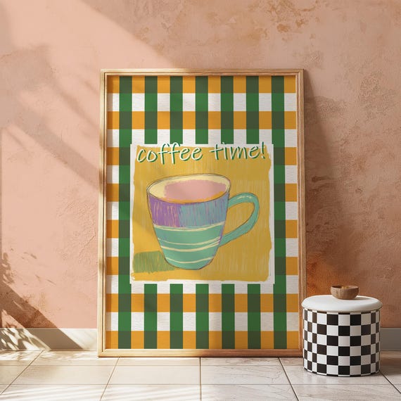 Coffee Mug Kitchen Print Cheerful Gingham Plaid Art