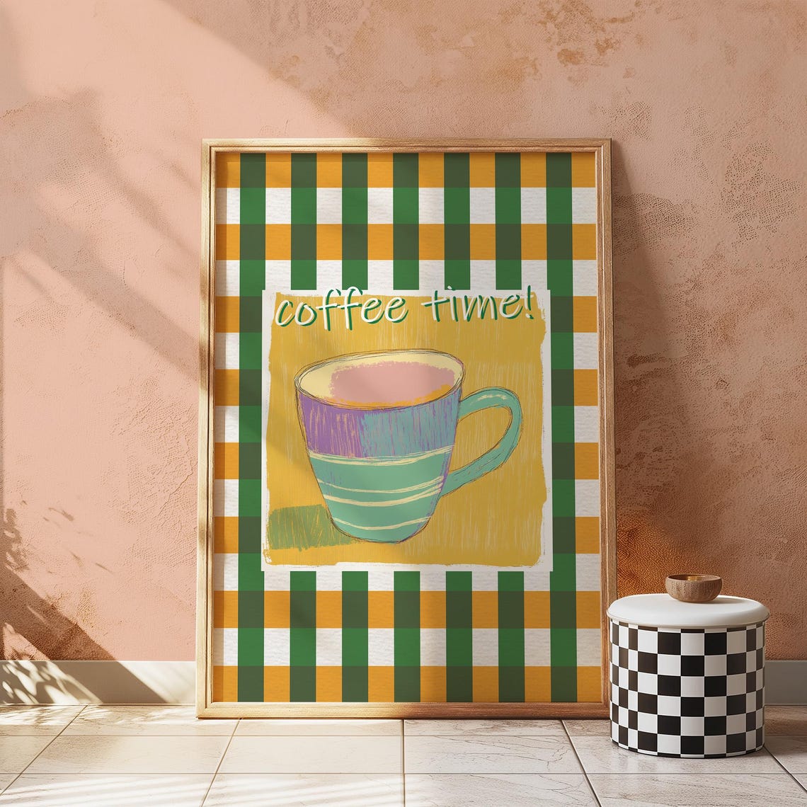 Coffee Time Gingham Check Mug Cheerful Retro Kitchen Decor Poster