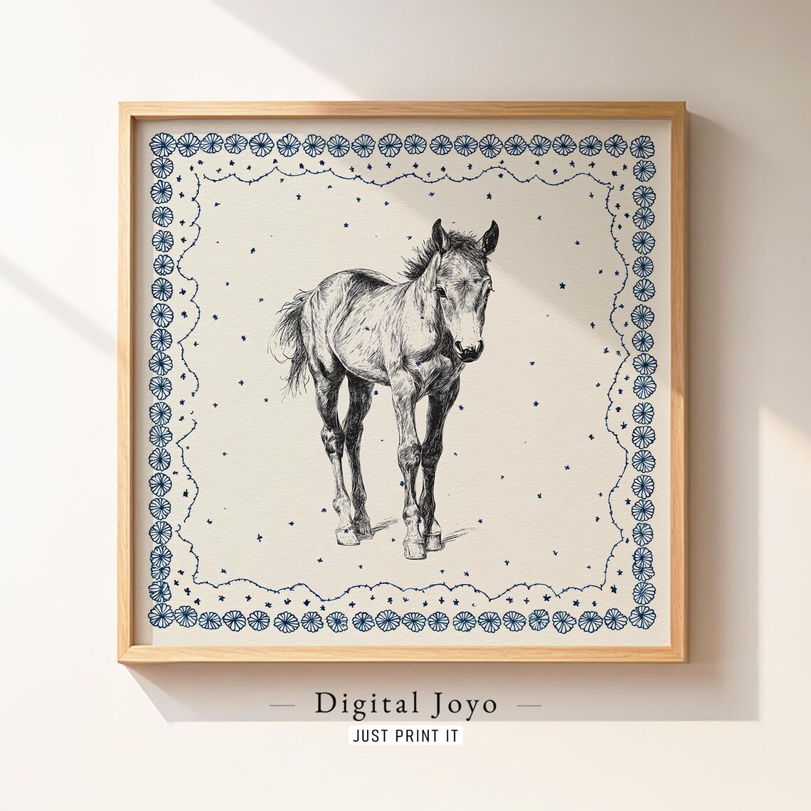 Gentle Foal Pencil Sketch Navy Floral Border Baby Nursery Art Print