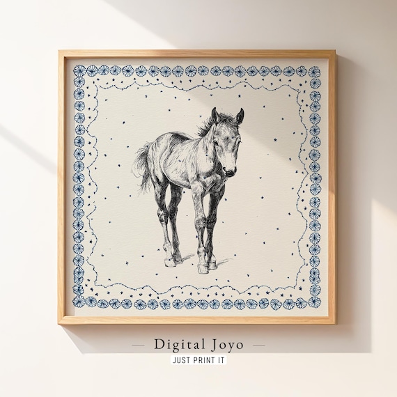 Gentle Foal Pencil Sketch Navy Floral Border Baby Nursery Art Print
