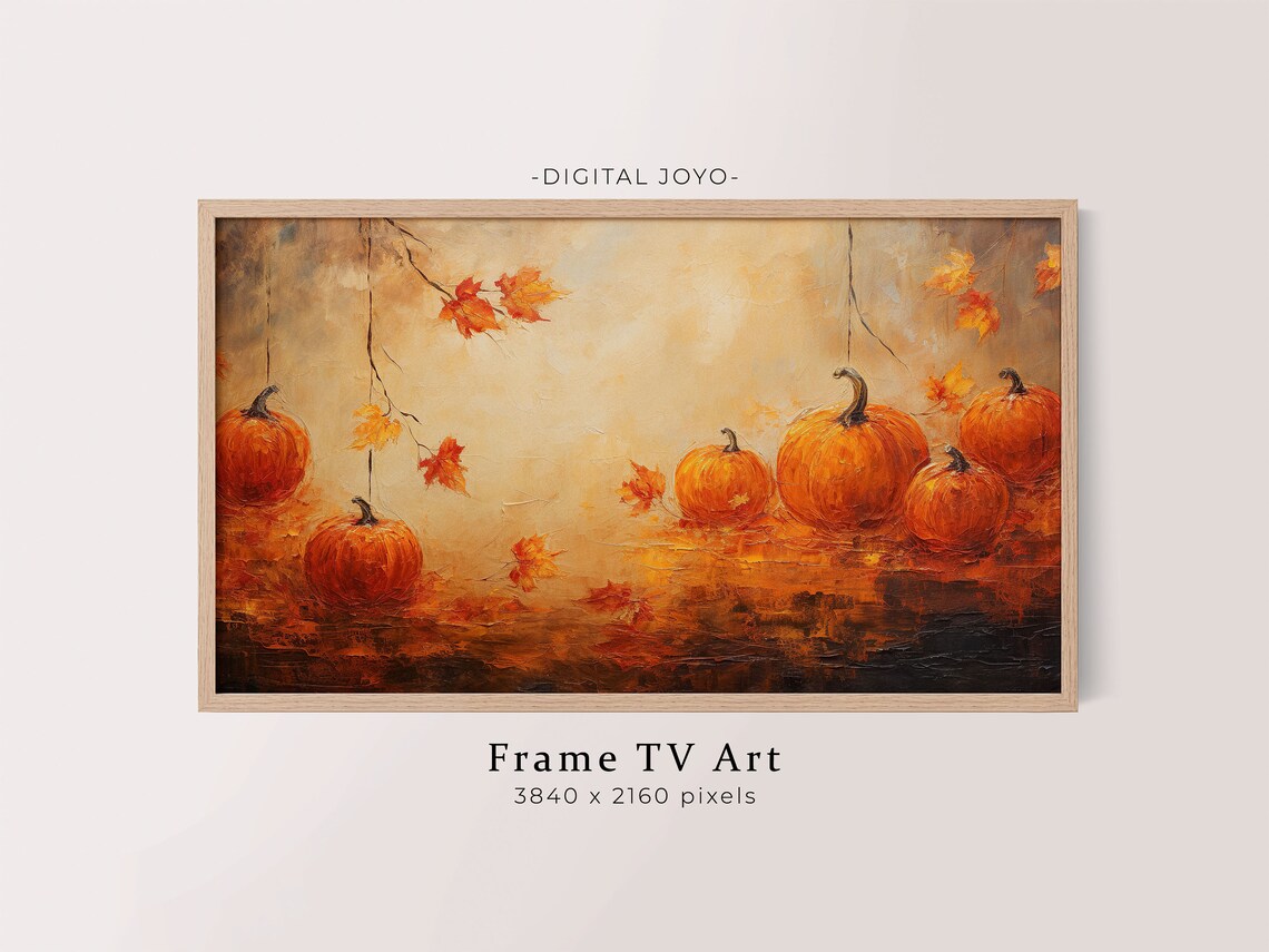 Hanging Pumpkins Autumn Leaves Golden Glow Oil Painting Wall Art