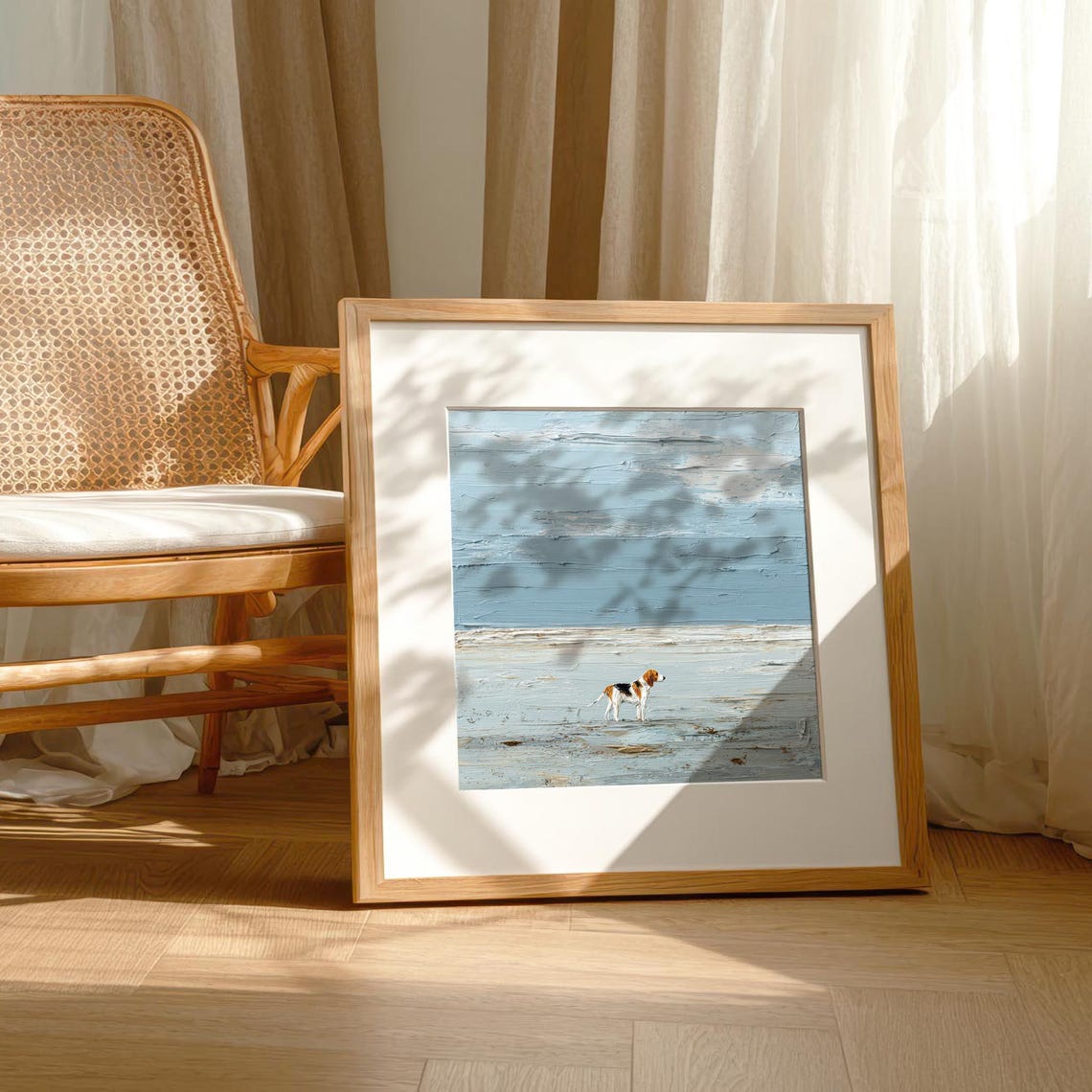 Beagle Dog on Beach Blue Textured Coastal Painting Art Print