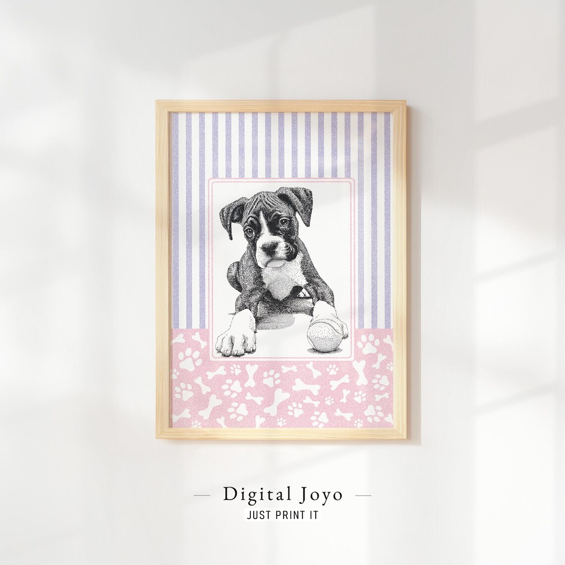 Boxer Puppy Playful Sketch Purple Stripes Nursery Portrait Print