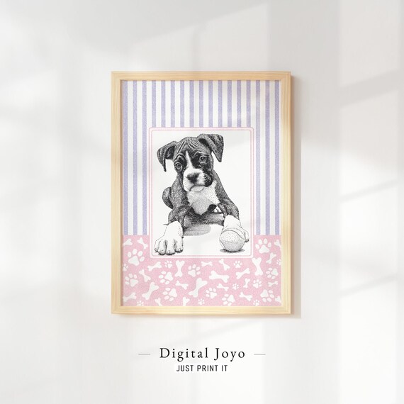 Boxer Puppy Playful Sketch Purple Stripes Nursery Portrait Print