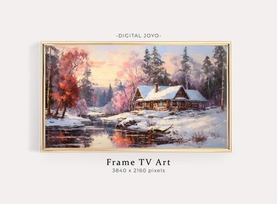 Farmhouse Winter Painting Snowy Cabin Stream Tv Art