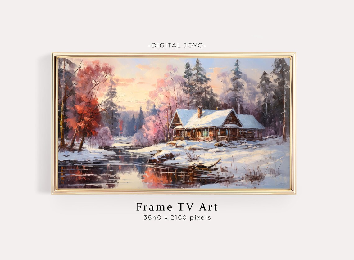 Cozy Snowy Log Cabin by a Winter Stream Farmhouse TV Art Poster