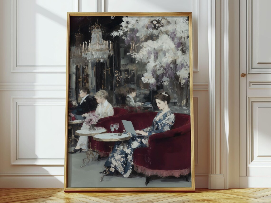 Dark Moody Cafe Interior Velvet Chairs Impressionist Women Art Print