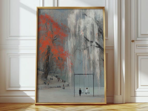 Impressionist Autumn Landscape Kids On Swings Vintage Style Poster