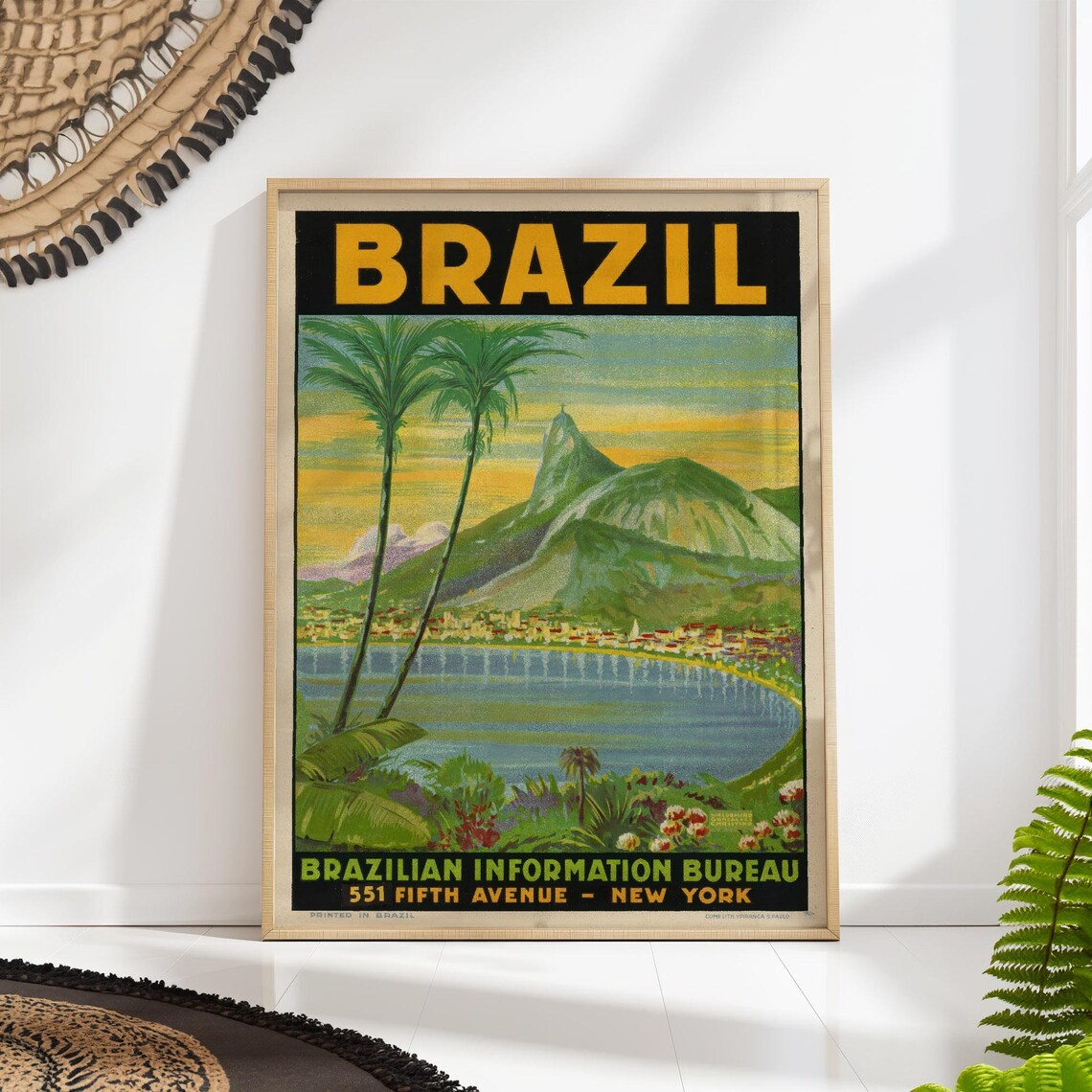 Brazil Vintage Travel Poster Palms Mountains Brazilian Information Bureau