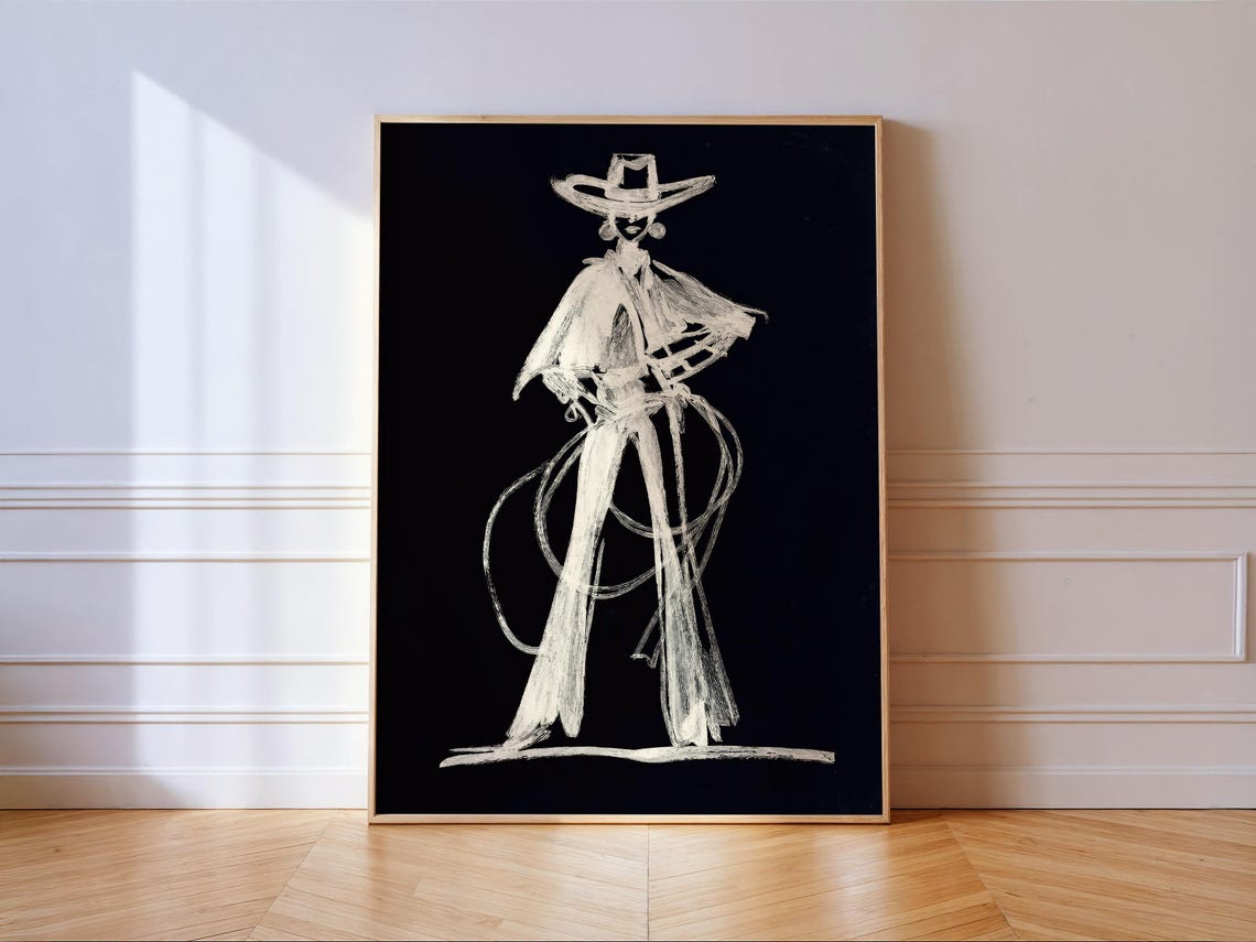 Cowgirl Sketch Chalk Style Black White Western Rodeo Lasso Art Poster