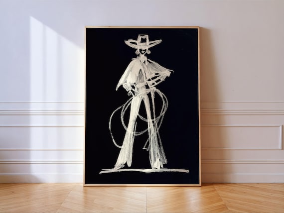 Cowgirl Sketch Print Black White Western Rodeo Wall Art