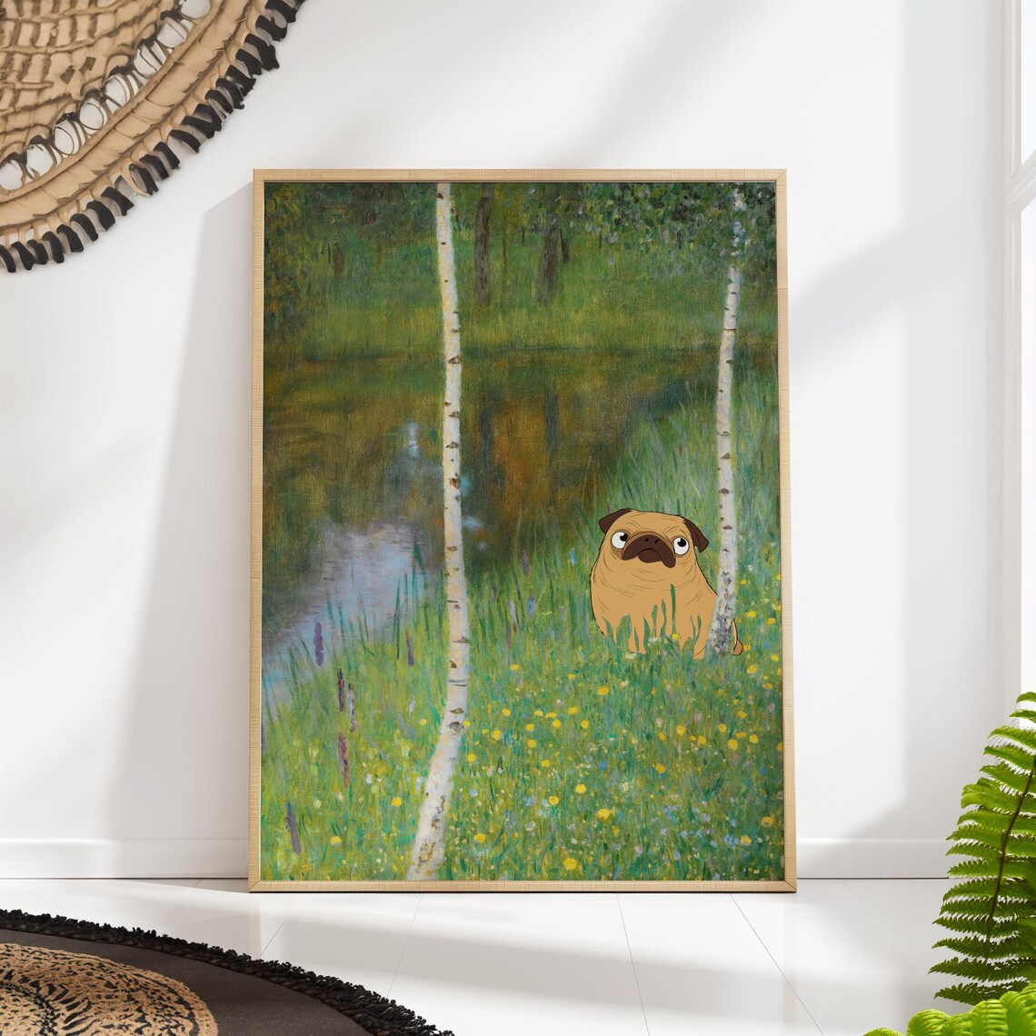 Birch Forest Pug, Klimt-Inspired Whimsical Animal Art Print
