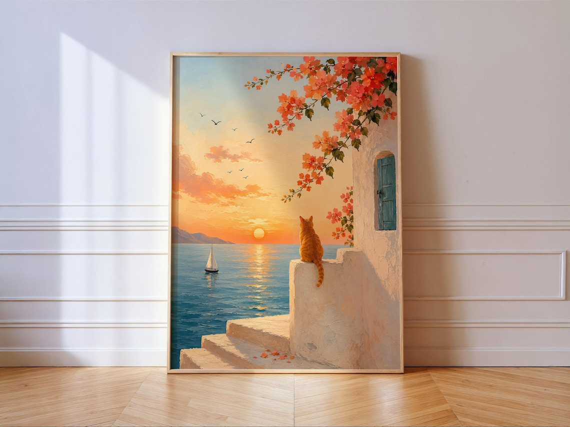 Greek Sunset Cat Mediterranean Sea Bougainvillea Oil Painting Poster