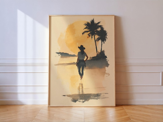 Cowgirl Sunset Silhouette Beach Coastal Western Watercolor Poster