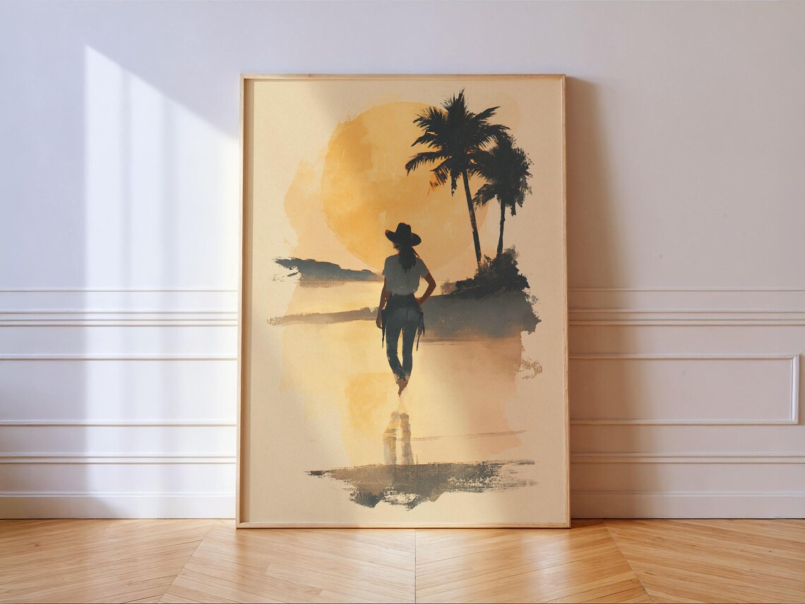 Cowgirl Sunset Silhouette Beach Coastal Western Watercolor Poster