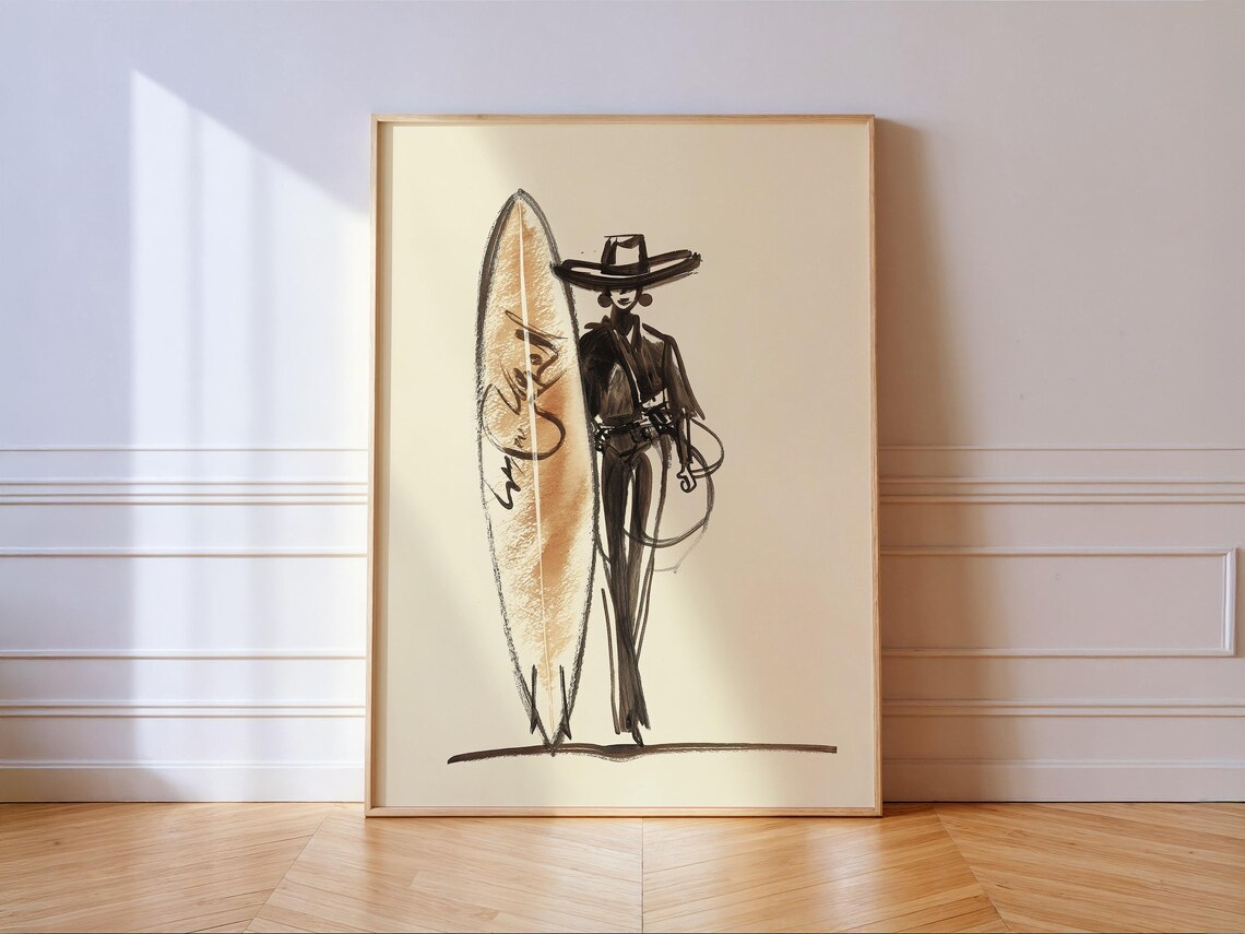 Cowgirl with Tall Surfboard Ink Sketch Western Fashion Poster
