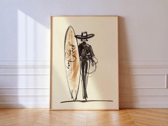 Cowgirl with Tall Surfboard Ink Sketch Western Fashion Poster