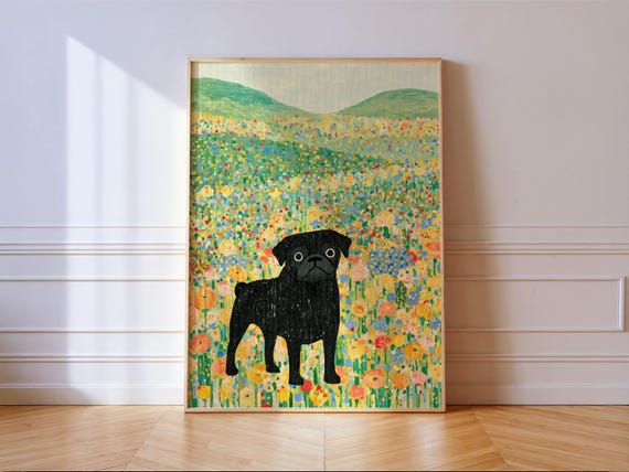 Black Pug Flower Field Print Dog Wildflower Meadow Painting Wall Art