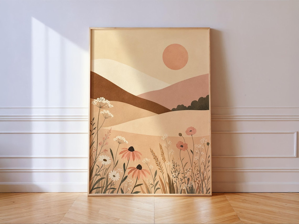 Boho Wildflower Hills Landscape Poster Abstract Sun Neutral Sunset Wall Decor