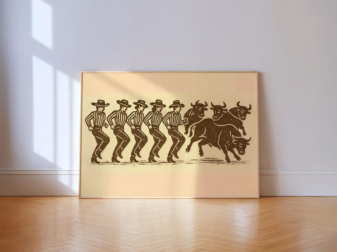 Five Cowboys Line Dancing With Bulls Vintage Western Engraving Poster