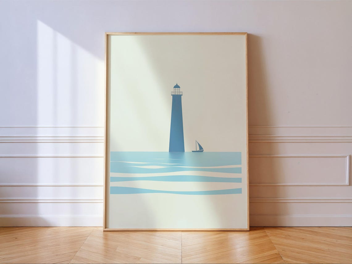 Minimalist Pastel Blue Lighthouse with Sailboat Coastal Art Poster