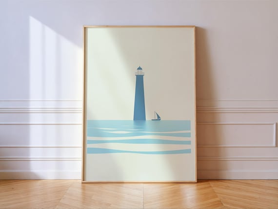 Minimalist Lighthouse Print Pastel Blue Nautical Boho Coastal Wall Art