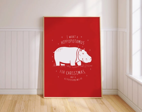 Funny Hippo Christmas Print Red Holiday Wall Art