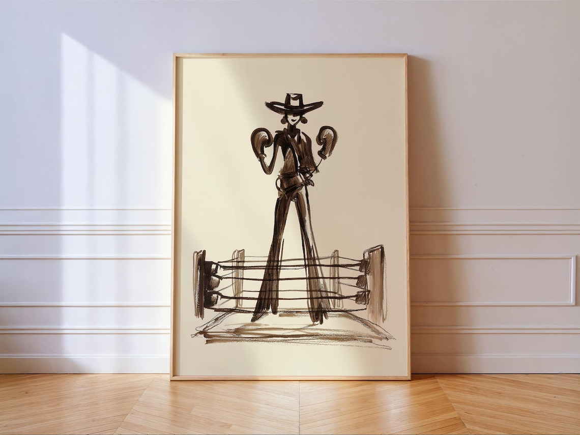 Cowgirl Boxing Western Wall Sketch Art Print