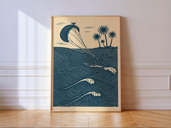 Kite Surfing Linocut Print Tropical Coastal Wave Art