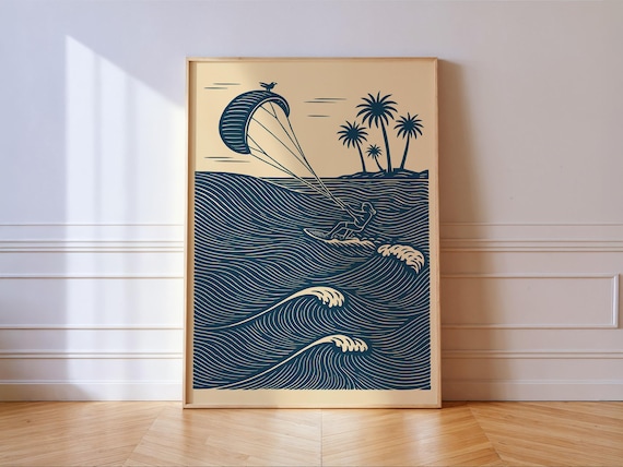 Kite Surfing Linocut Tropical Coastal Wave Beach Sport Poster