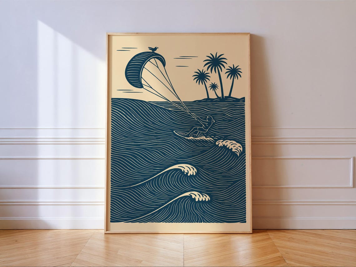 Kite Surfing Linocut Tropical Coastal Wave Beach Sport Poster