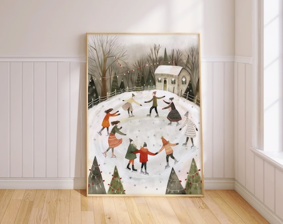 Cozy Winter Ice Skating Village Pond Holiday Scene Art Poster