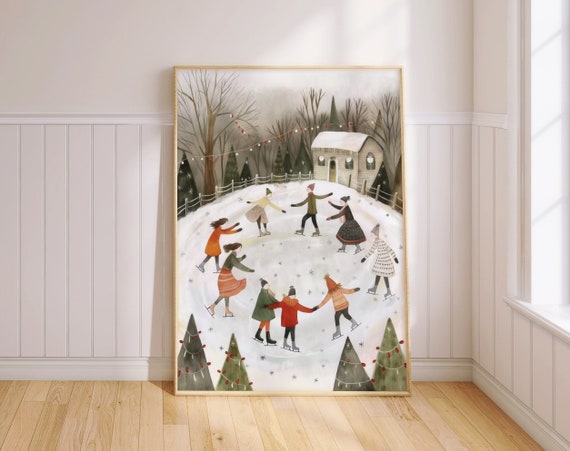 Winter Ice Skating Print Cozy Holiday Wall Art Printed