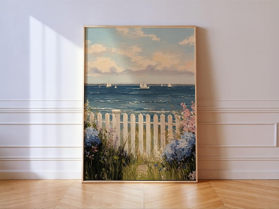 Coastal Garden Gate Hydrangeas and Sailboats Seaside Art Poster