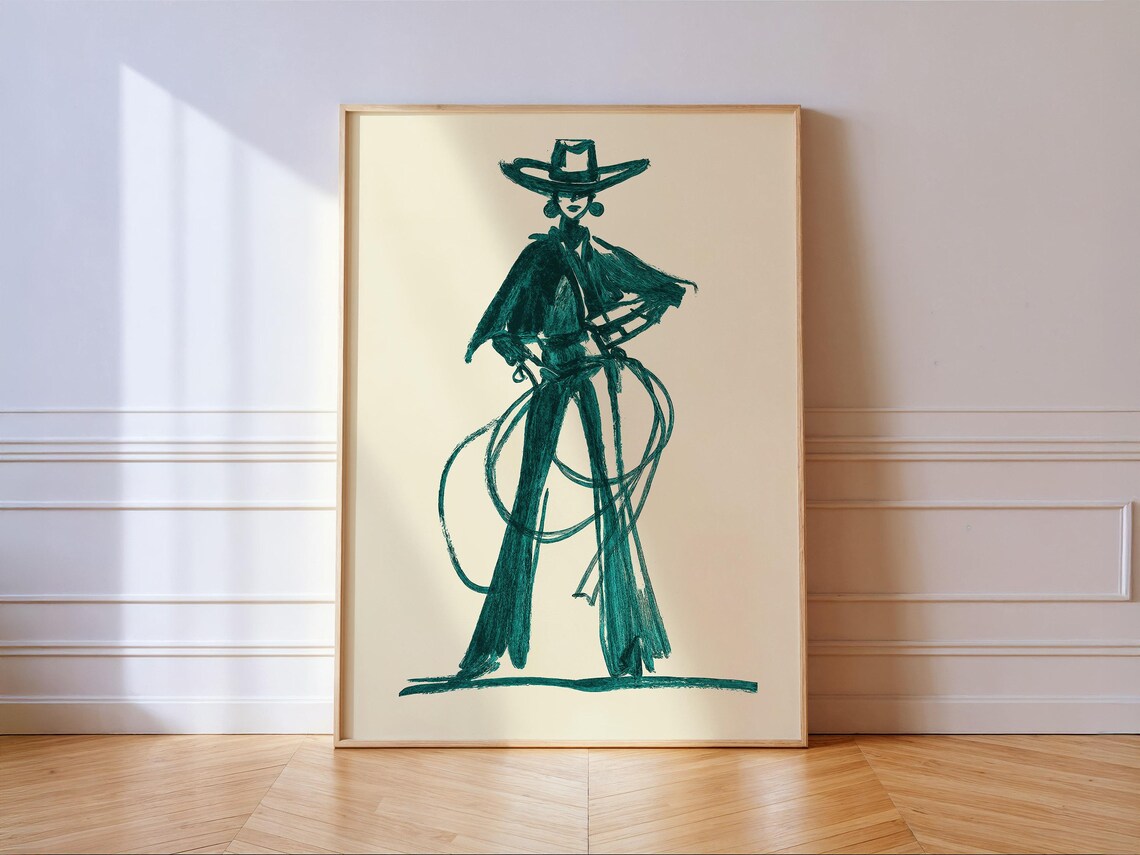 Teal Brush Line Art Cowgirl with Lasso Western Style Art Poster