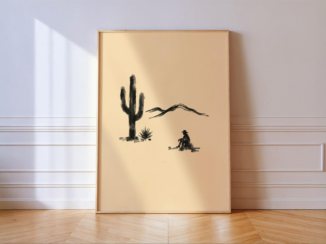 Lonely Cowboy Desert Ink Wash Minimal Southwestern Wall Poster