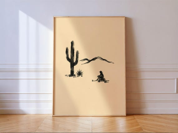 Lonely Cowboy Desert Western Print Minimal Southwestern Black White Wall Art