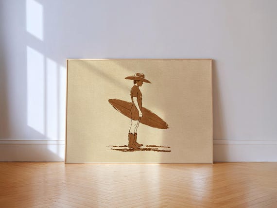 Coastal Cowboy Surfer Print Western Line Art Horizontal Beach House Wall