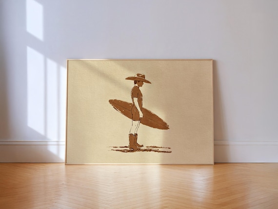 Coastal Cowboy Surfer Western Line Art Cream Tan Horizontal Poster