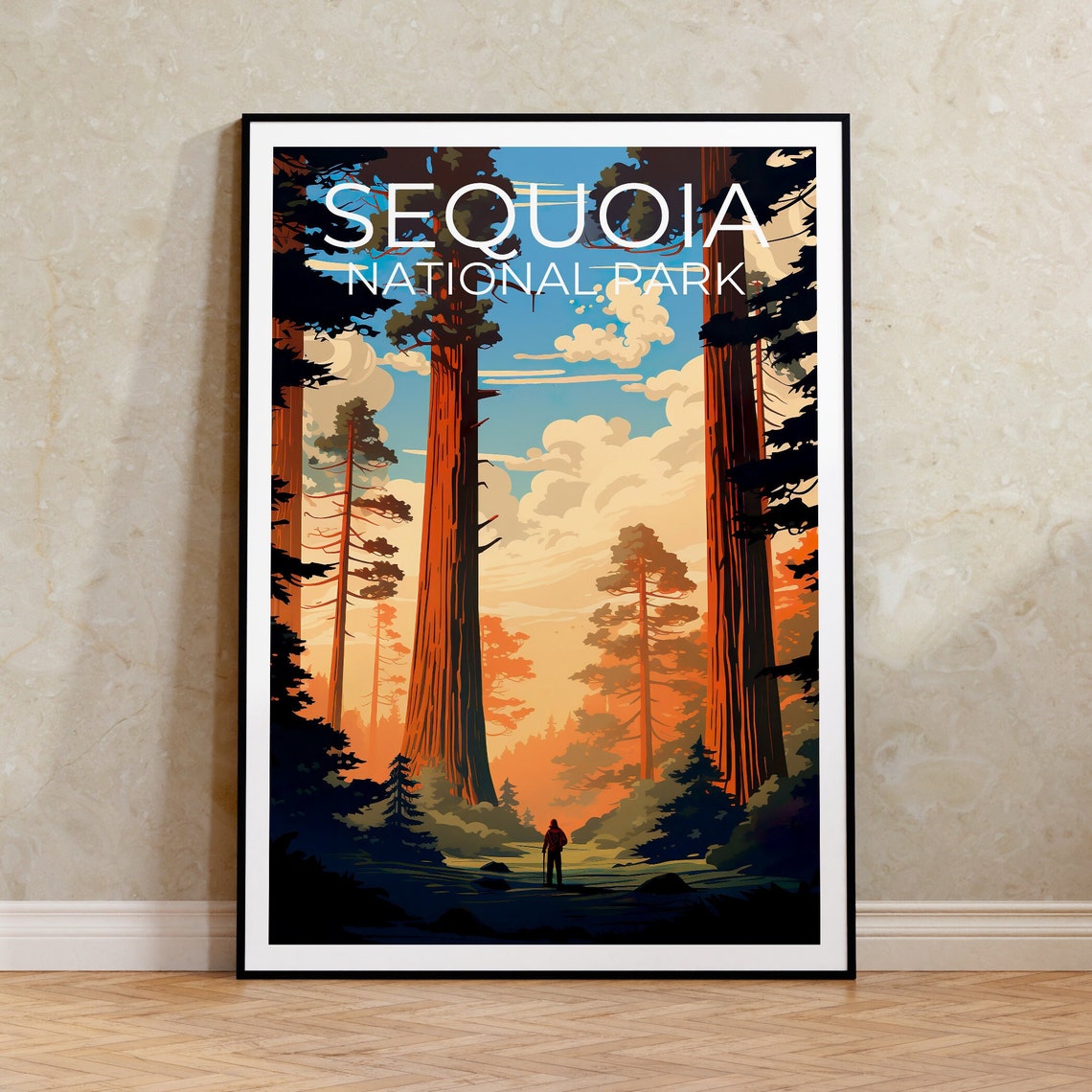 Sequoia National Park Giant Redwood Trees Hiker Forest Travel Poster