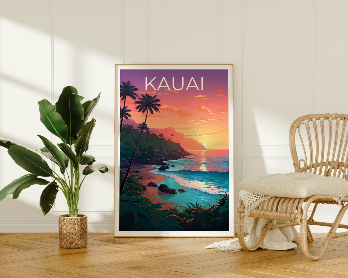 Kauai Hawaii Napali Coast Sunset Palm Beach Waves View Travel Poster - Image 2