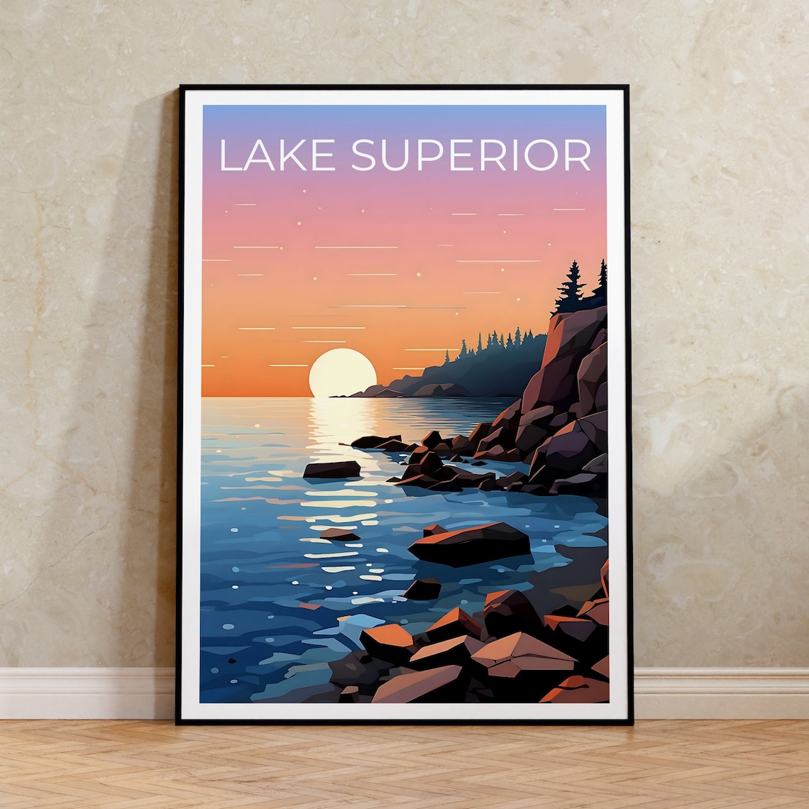Lake Superior Rocky Shoreline Sunset Calm Waters North Travel Poster