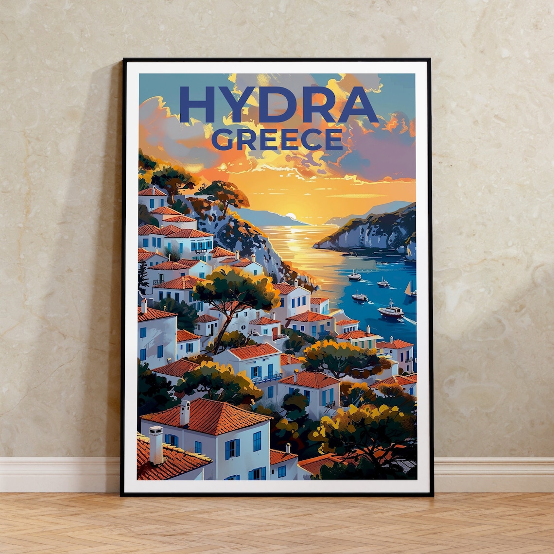 Hydra Greece Harbor Sunset White Houses Boats Bay View Poster