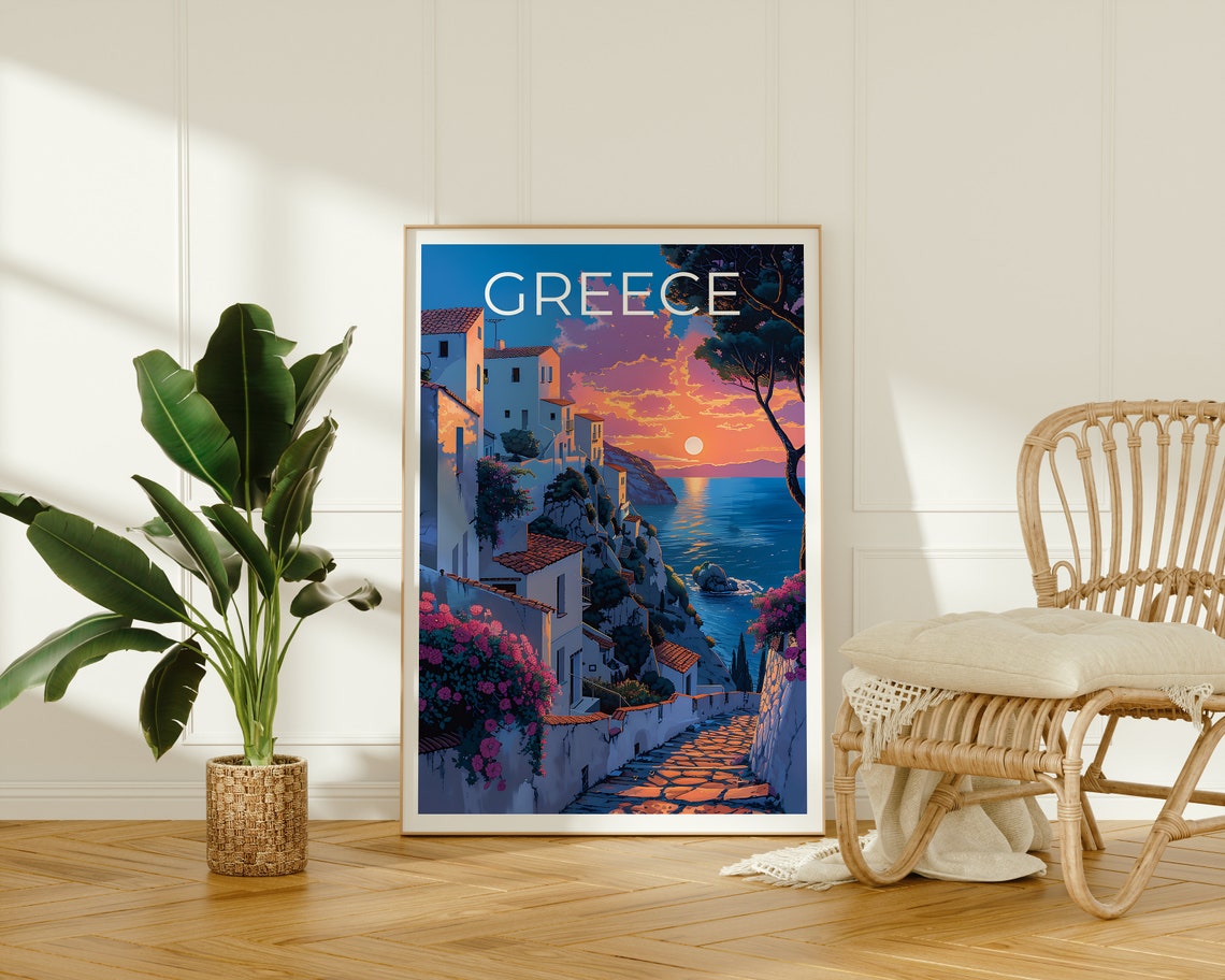 Greece Cliffside Village Sunset Bougainvillea Sea View Poster - Image 2