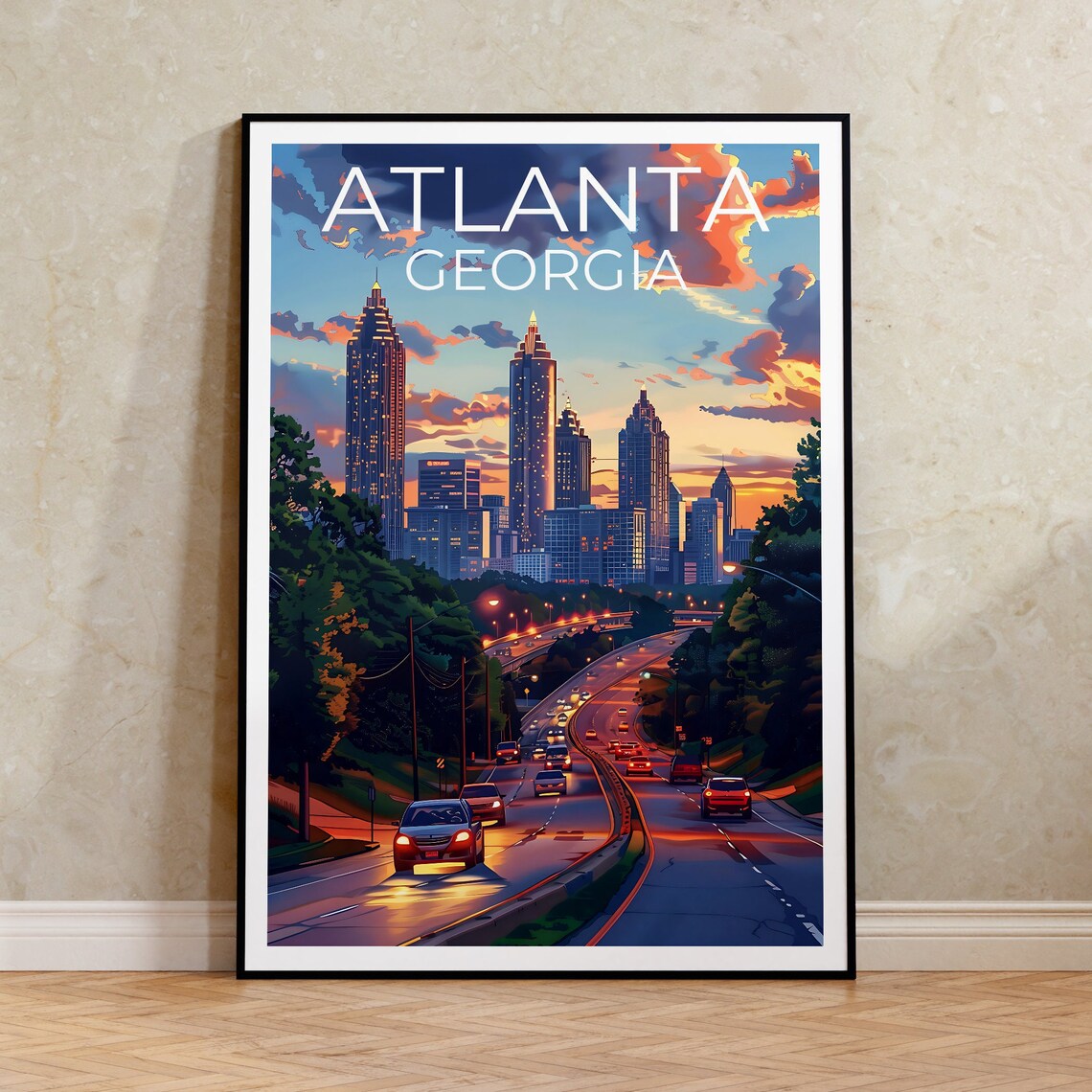Atlanta Georgia Downtown Skyline Dusk City Lights Travel Poster