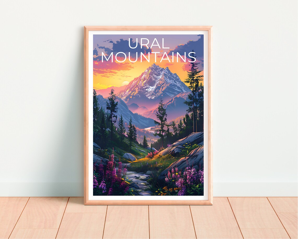 Ural Mountains Sunset Snow Peak Wildflower Meadow Stream View Poster - Image 4