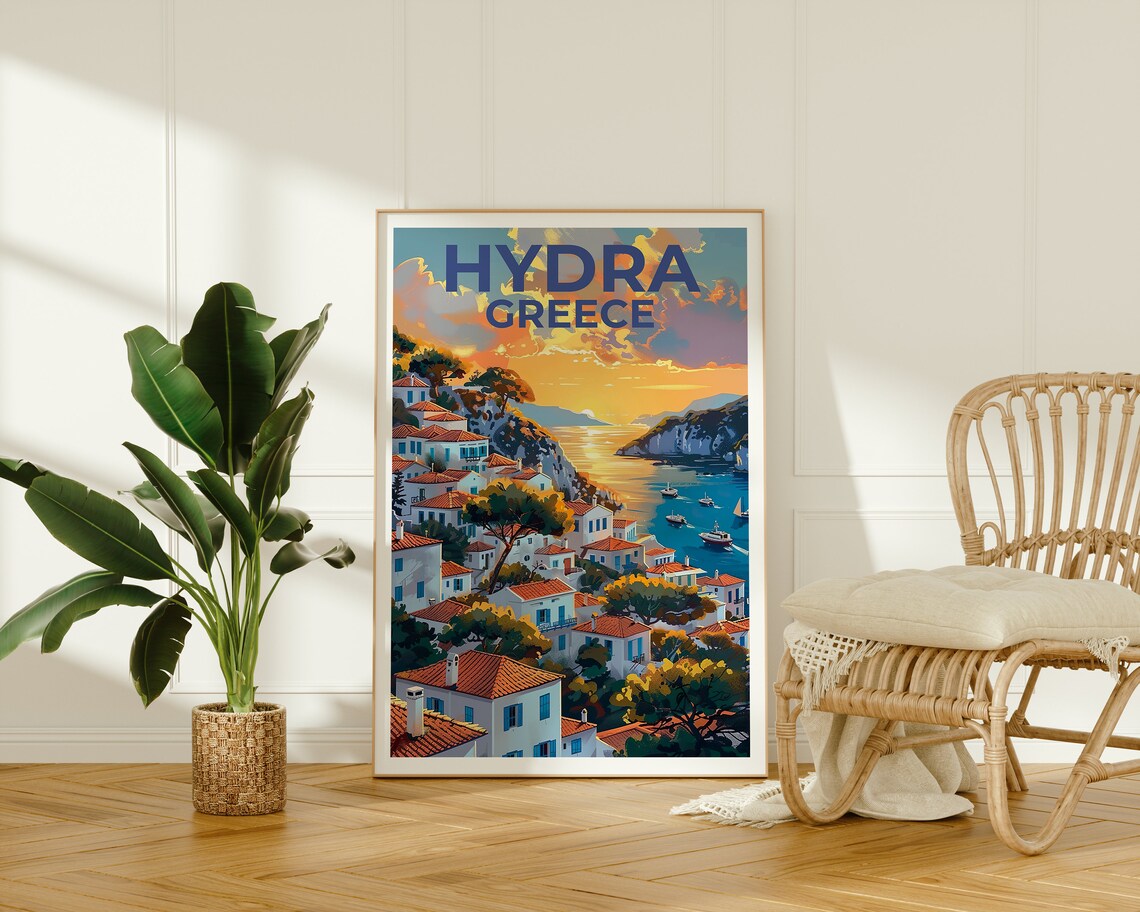 Hydra Greece Harbor Sunset White Houses Boats Bay View Poster - Image 2